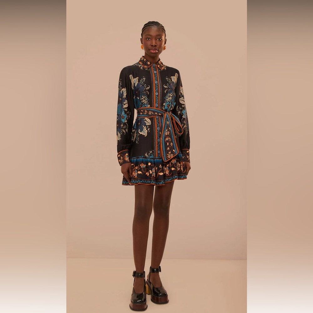 FARM Rio Black and Blue Floral Long Sleeve Dress